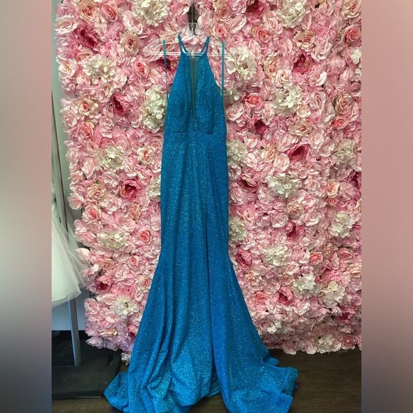 Jovani 67563 Size 4 Ocean Blue High Neck With Mesh Long Dress With Train NWT - Picture 3 of 6